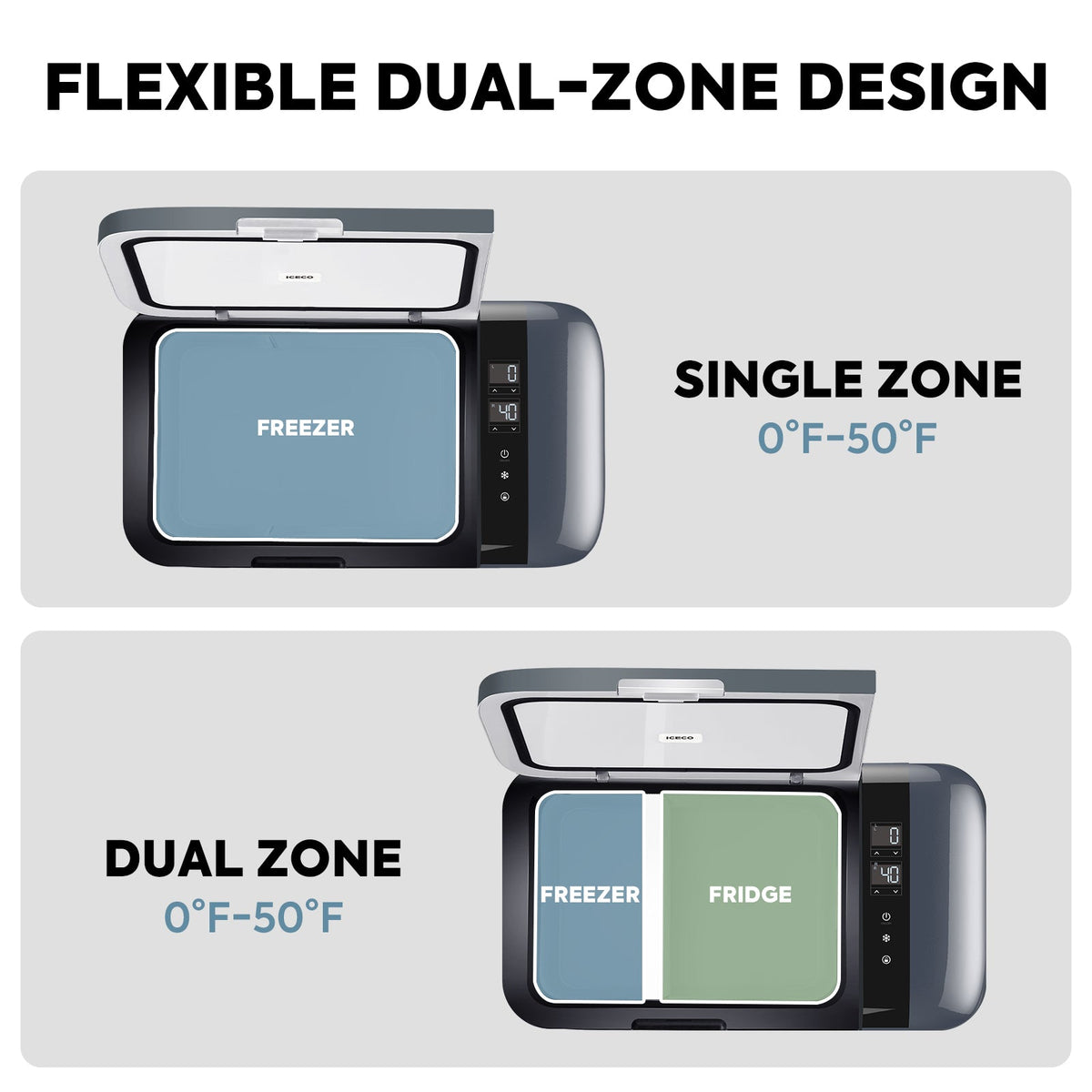 ICECO GO20 single zone and dual zone layouts, 0 to 50 F