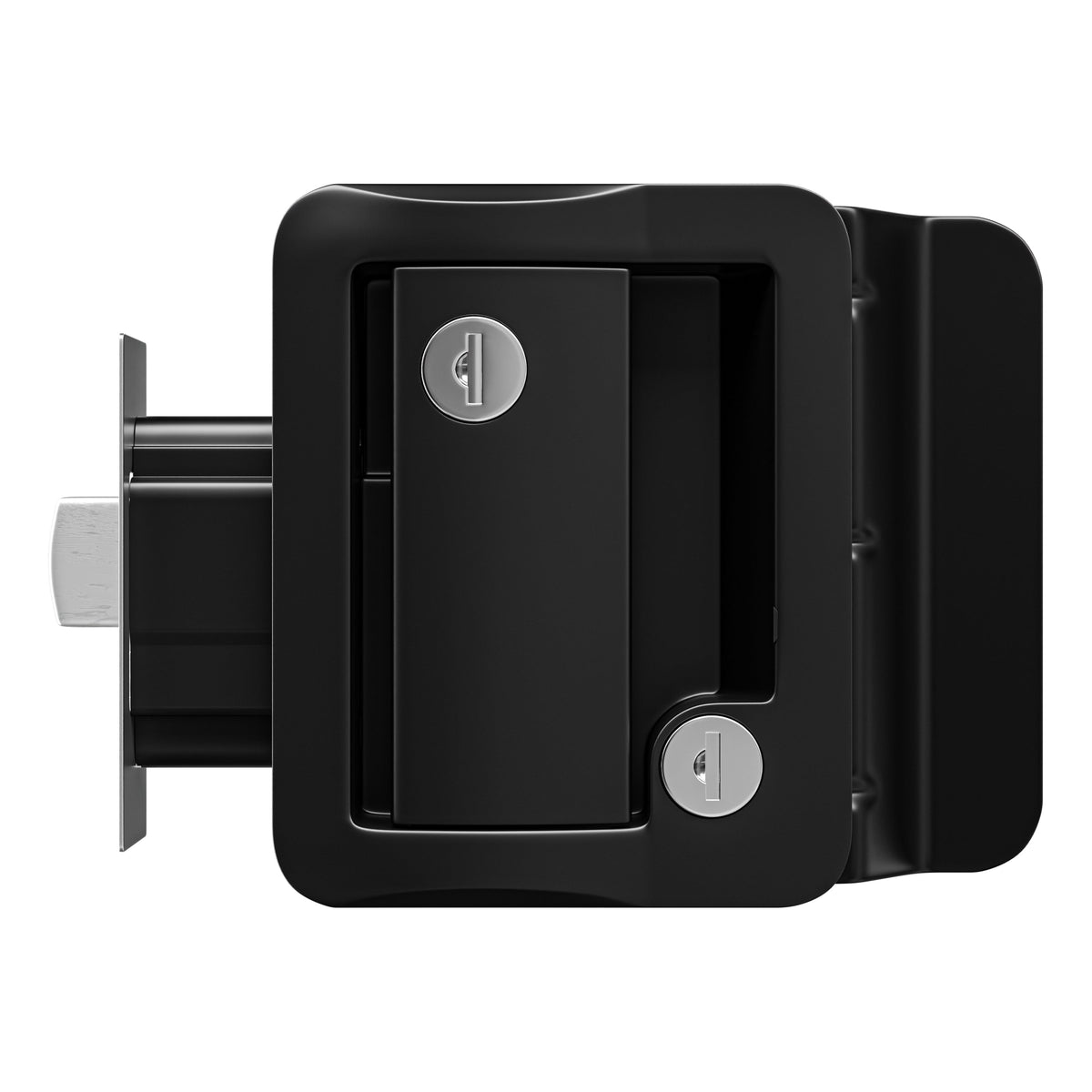 Leisure Locks RV door lock installed on a travel trailer entry door
