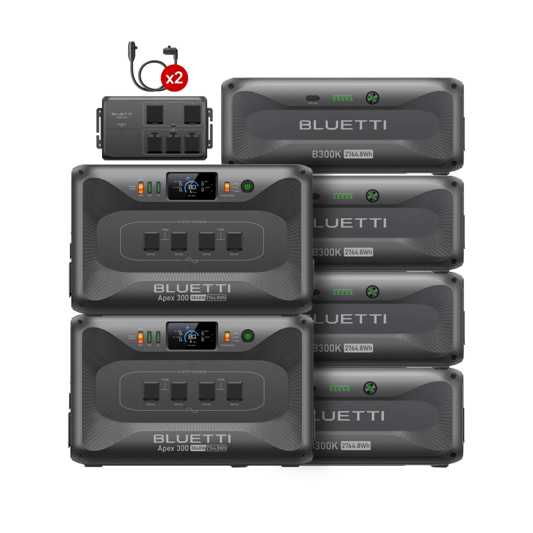 BLUETTI two Apex 300 stations with four B300K batteries and Hub A1