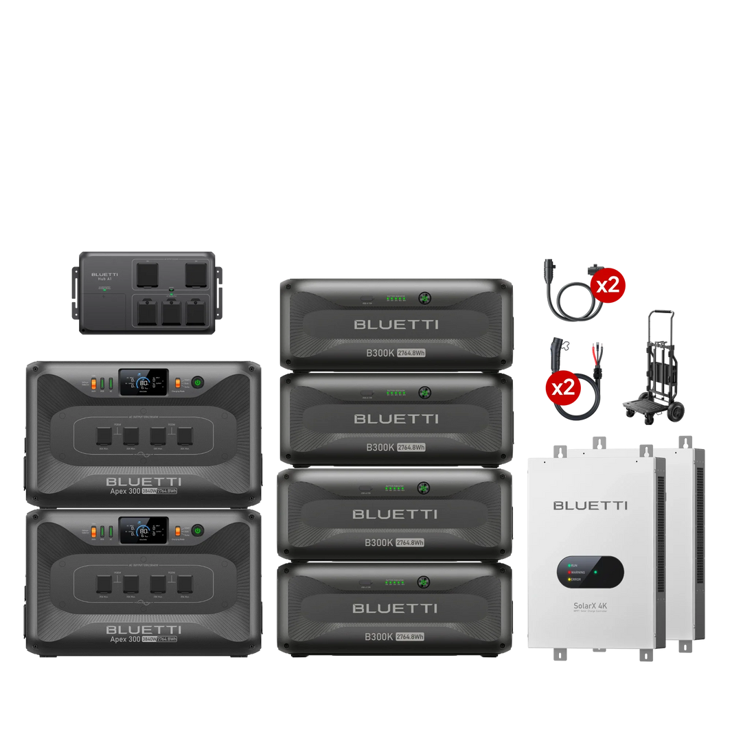 BLUETTI two Apex 300 with four B300K batteries and SolarX 4K