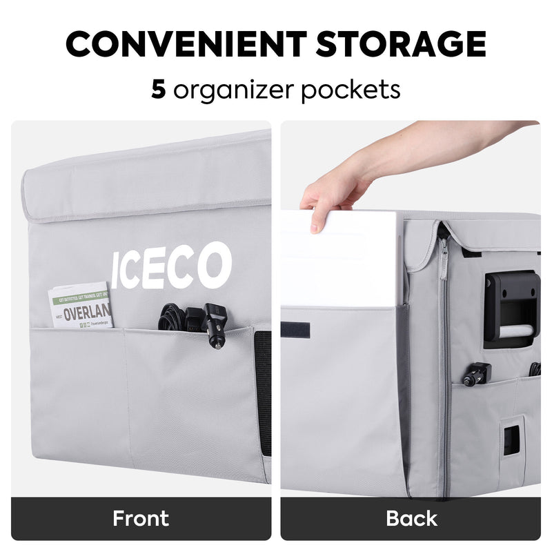 ICECO two-piece insulated protective cover on a VL45ProS portable fridge, gray