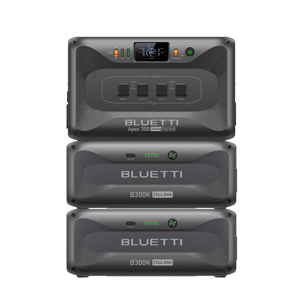 BLUETTI Apex 300 power station with two B300K expansion batteries