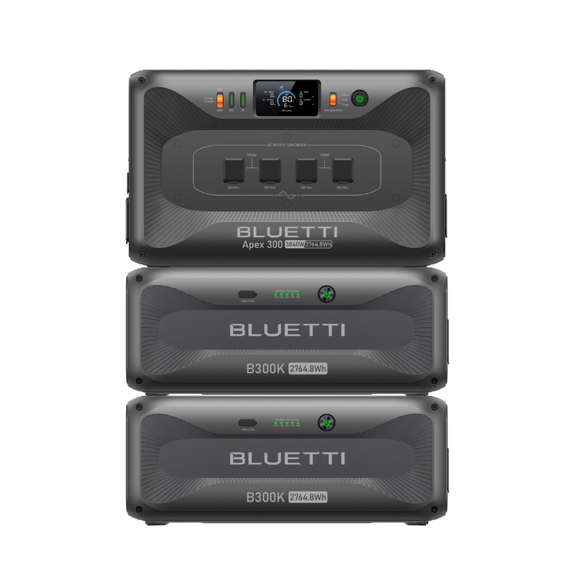 BLUETTI Apex 300 power station with two B300K expansion batteries