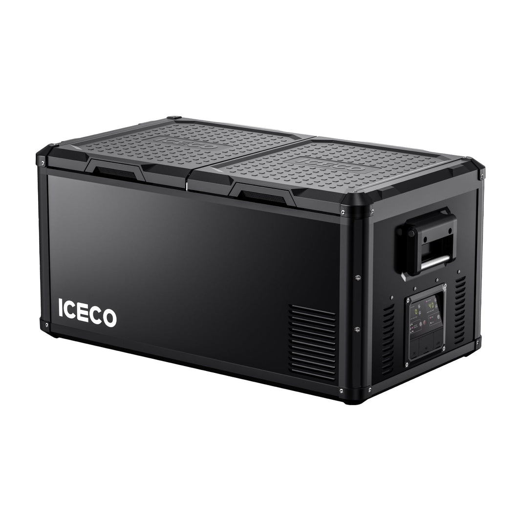 ICECO VL90ProD dual zone portable fridge freezer with both lids closed, side view