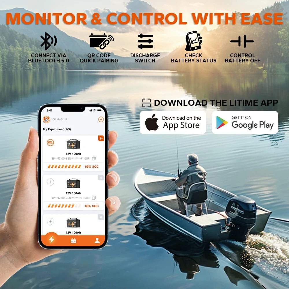 LiTime 12V 100Ah OBM Bluetooth Lithium Battery for Electric Outboards