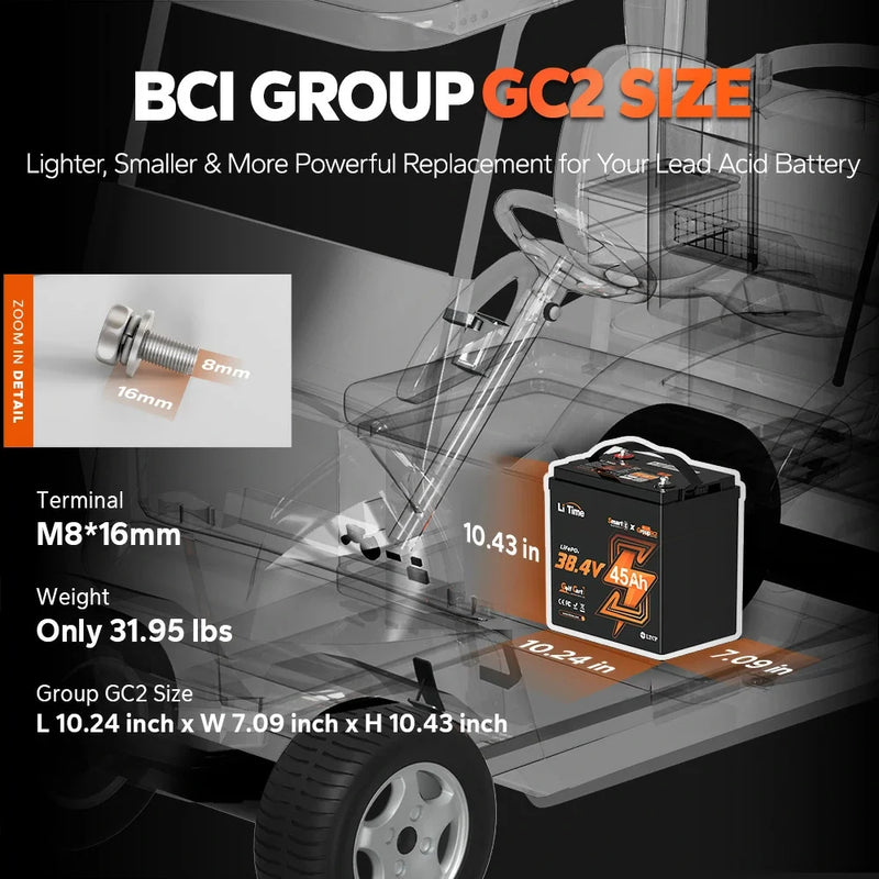 LiTime 36V 45Ah GC2 Bluetooth LiFePO4 Golf Cart & Trolling Battery