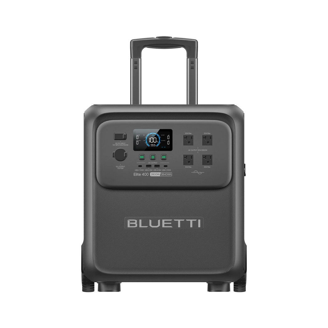 BLUETTI Elite 400 portable power station on wheels front view