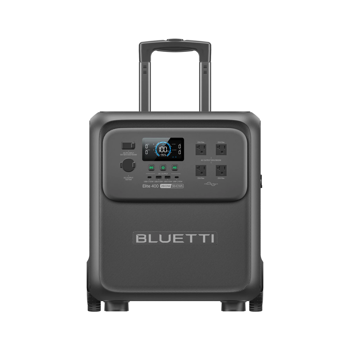BLUETTI Elite 400 portable power station on wheels front view