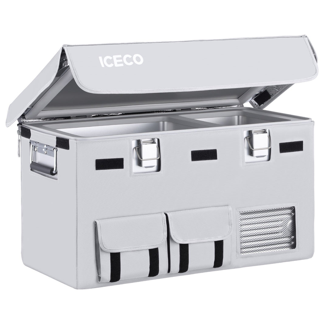ICECO insulated protective cover on an APL35 portable fridge, gray