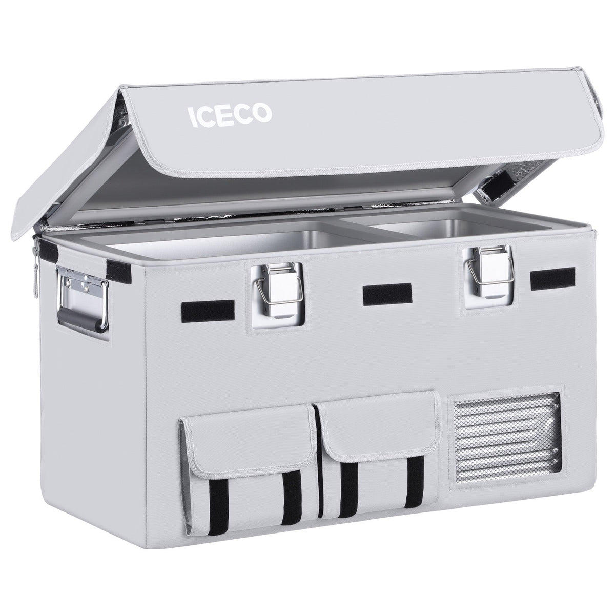 ICECO insulated protective cover on an APL35 portable fridge, gray