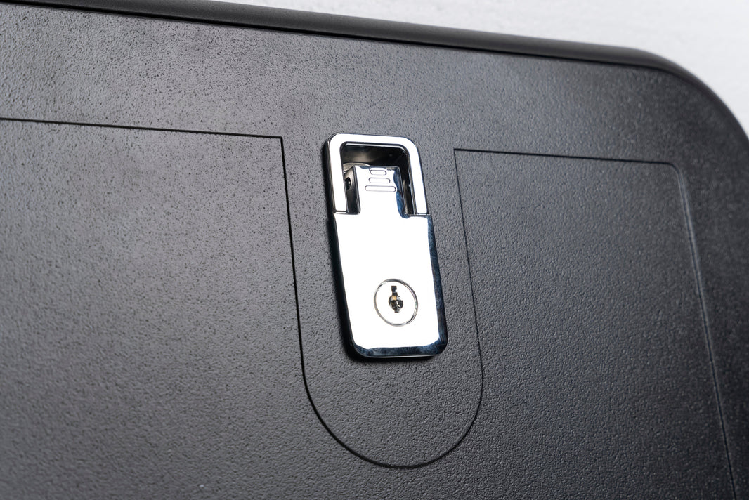 External Door Lock – Black Series chrome paddle latch with key, studio photo