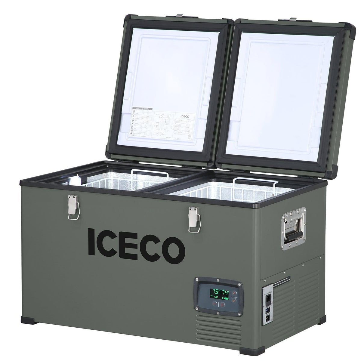 ICECO VL60D with both lids fully open showing the two empty compartments