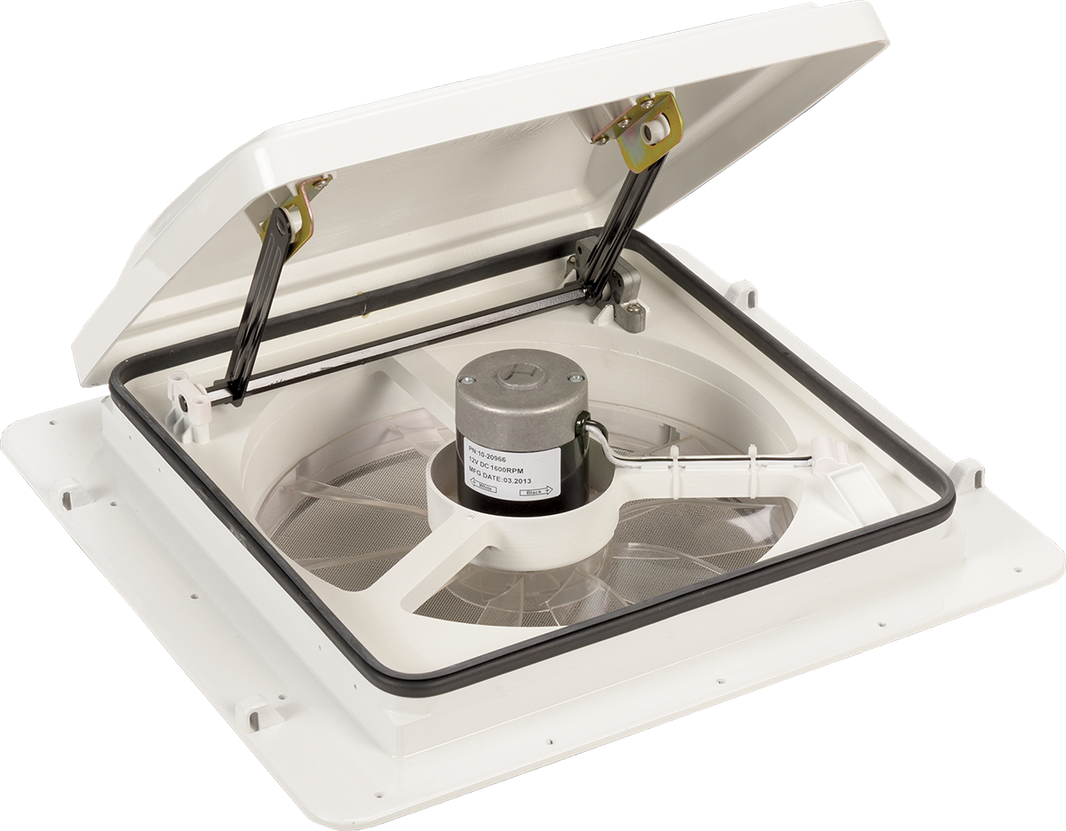 MaxxAir MaxxFan 14" RV Roof Vent Fan, 4-Speed Exhaust, Manual Lift, White Lid