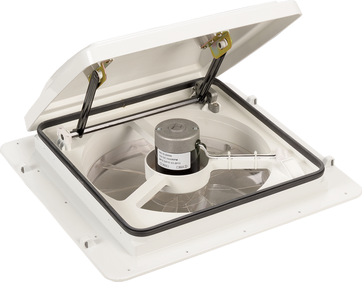 MaxxAir MaxxFan 14" RV Roof Vent Fan, 4-Speed Exhaust, Manual Lift, White Lid
