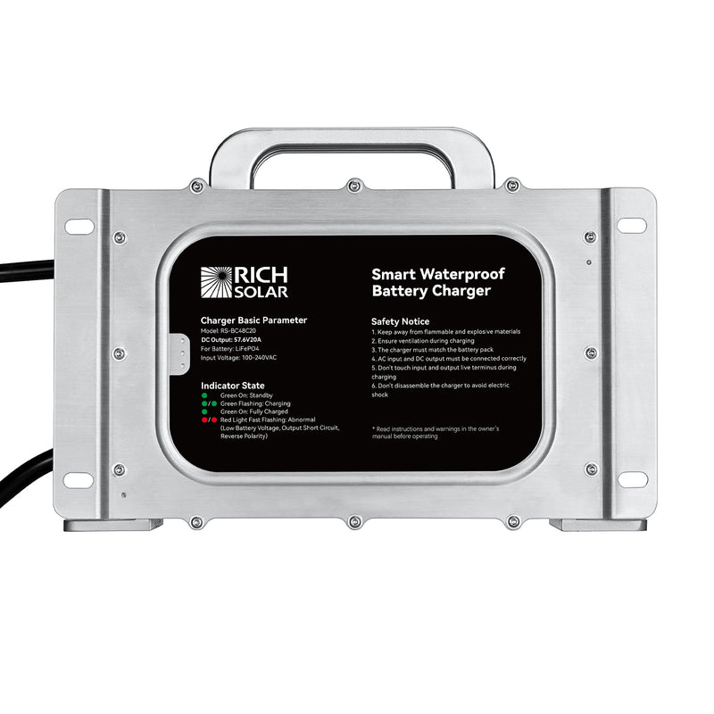 Rich Solar 48V (57.6V) Waterproof LiFePO4 Charger 20A / 25A, 100-240V AC, 8-in-1 Protection, Fan-Cooled