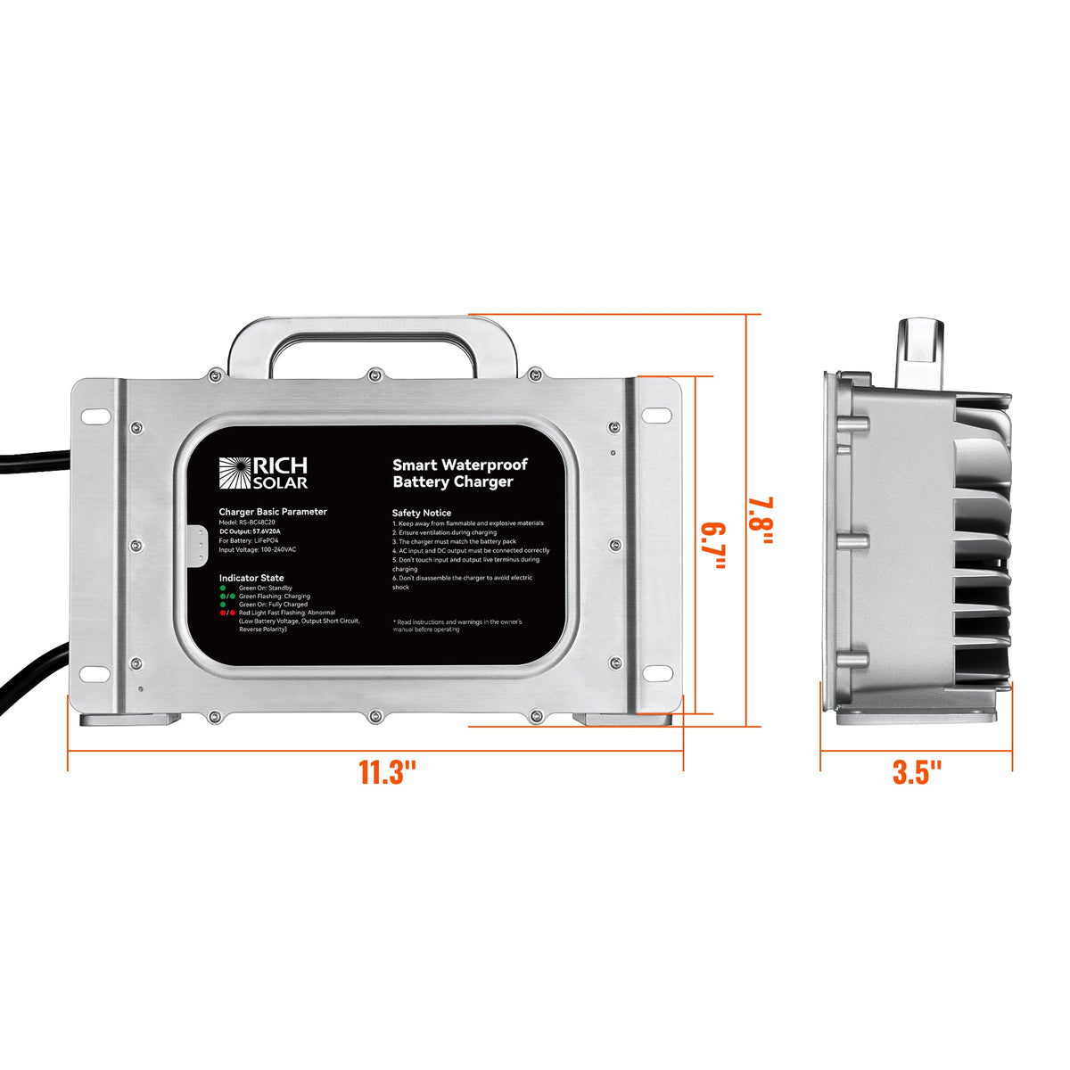 Rich Solar 48V (57.6V) Waterproof LiFePO4 Charger 20A / 25A, 100-240V AC, 8-in-1 Protection, Fan-Cooled