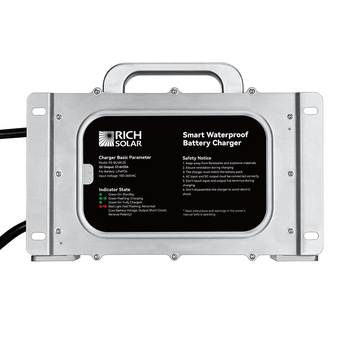 Rich Solar 48V (57.6V) Waterproof LiFePO4 Charger 20A / 25A, 100-240V AC, 8-in-1 Protection, Fan-Cooled