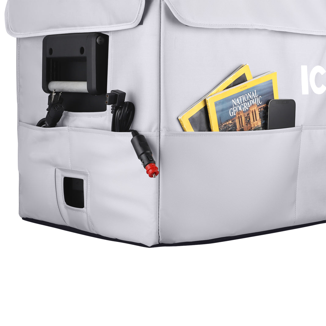 ICECO upgraded insulated protective cover on a VL60ProS portable fridge, gray