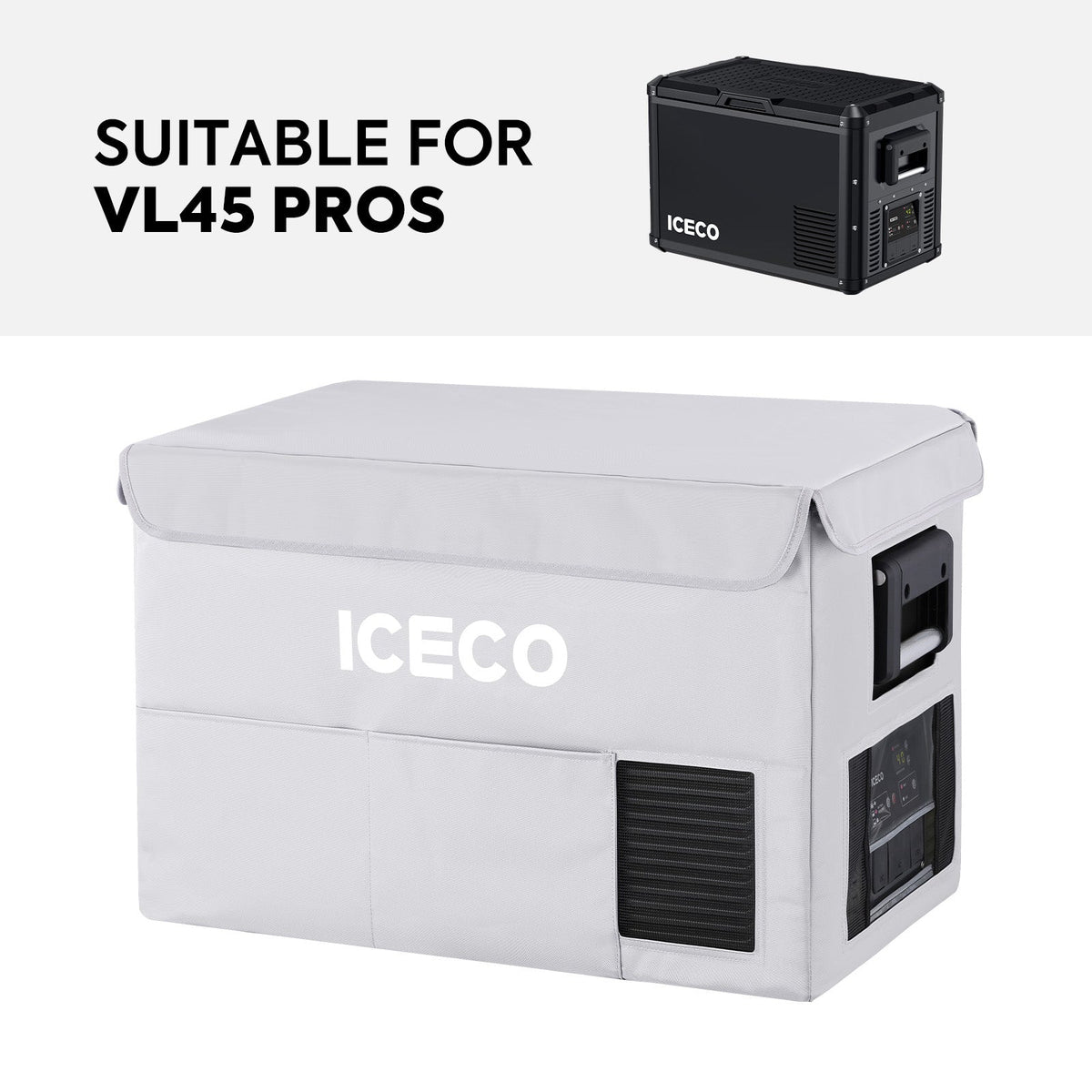 ICECO two-piece insulated protective cover on a VL45ProS portable fridge, gray