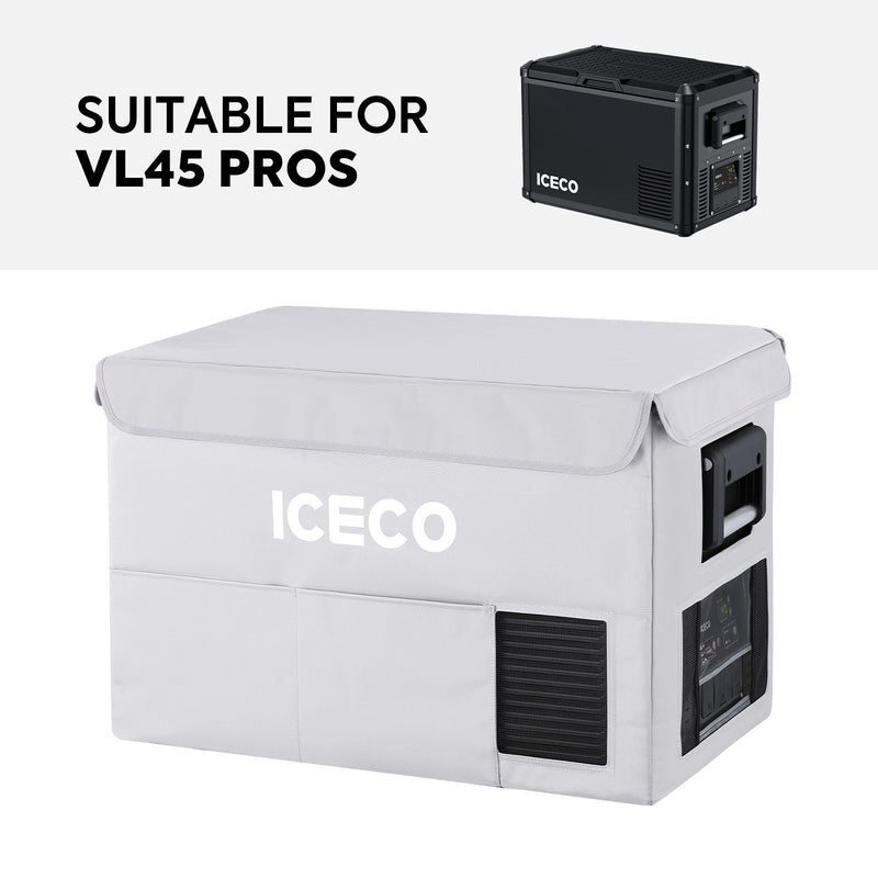 ICECO two-piece insulated protective cover on a VL45ProS portable fridge, gray