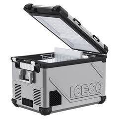 ICECO APL55 silver fridge freezer with lid open showing wire basket