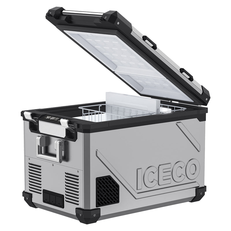 ICECO APL55 silver fridge freezer with lid open showing wire basket