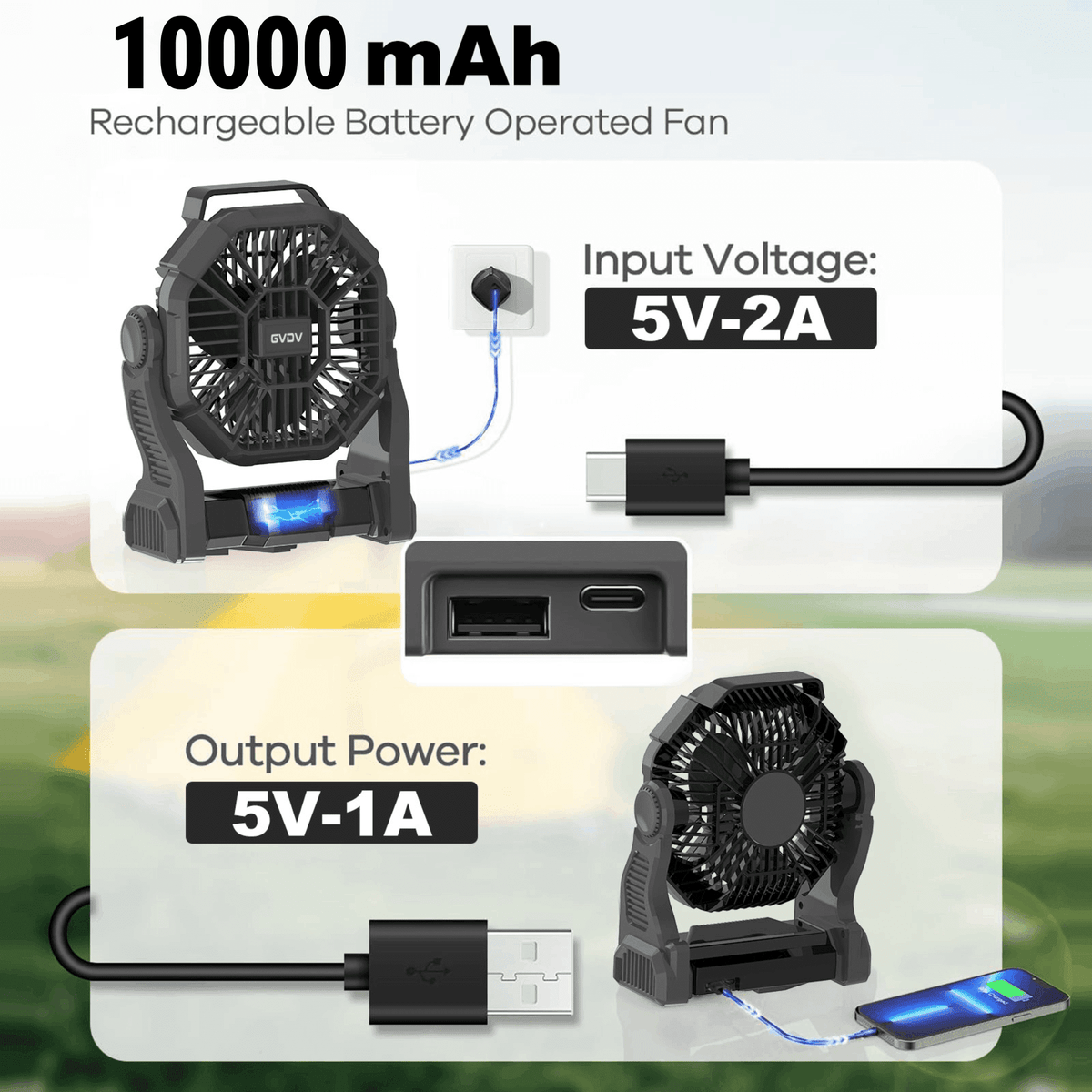 GVDV camping fan with LED lantern, view 6