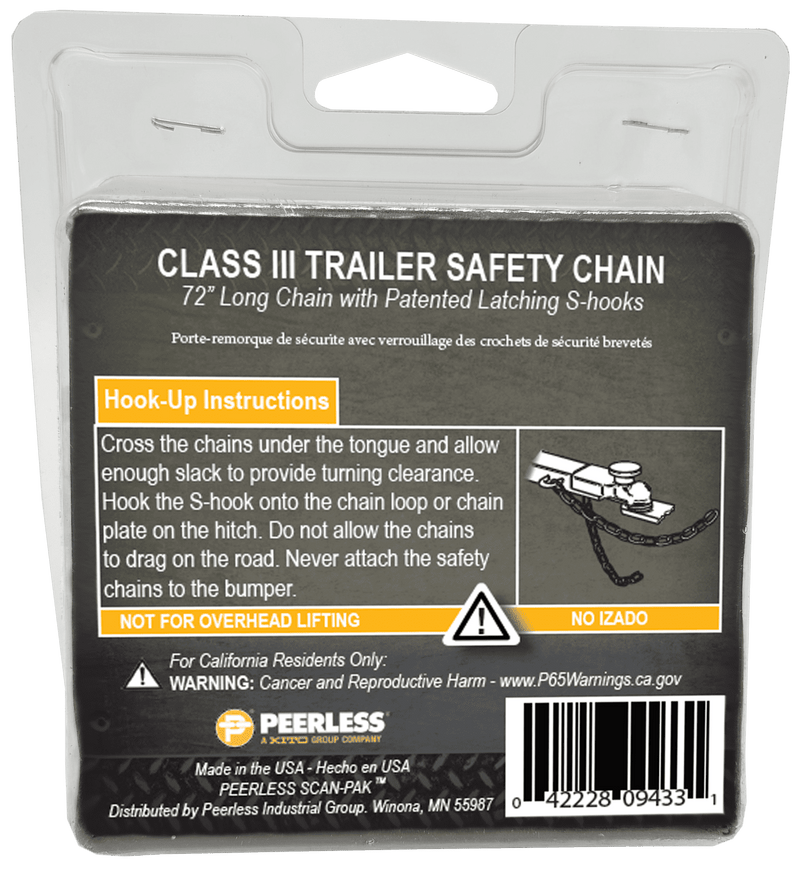 Peerless trailer safety chain 1/4 x 72 with latching S-hooks