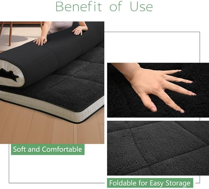 Twin Size Futon Mattress - Extra Thick Foldable Japanese Floor Mattress - Super Soft Fuzzy Sleeping Pad for Adults - Tatami Mat Suitable for Camping & Guest & RV Mattress- Plush Black