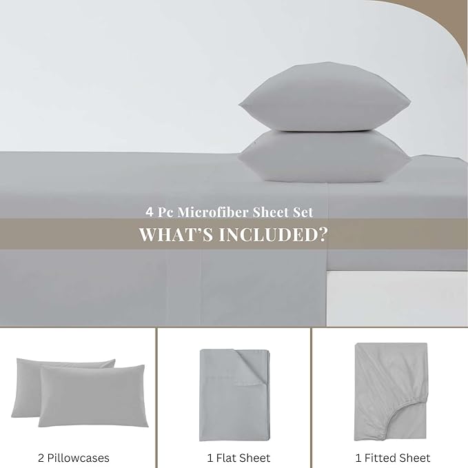 RV King Sheet Set 4-Piece Microfiber 72x80 Light Grey