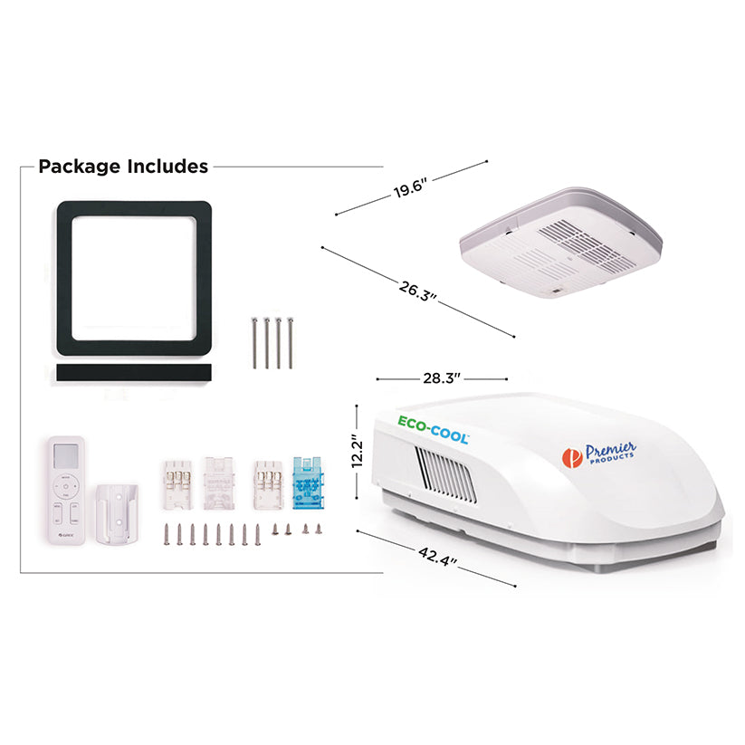 Eco-Cool Ducted V2 15K BTU RV Rooftop AC with Heat Pump, White - package contents with dimensions