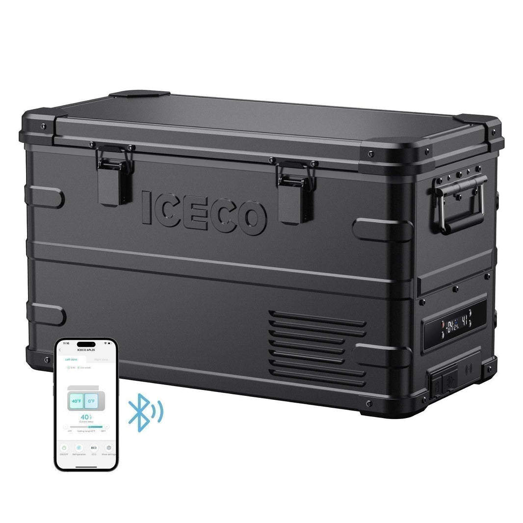 ICECO APL35 dual zone fridge freezer in black, front view with Bluetooth app