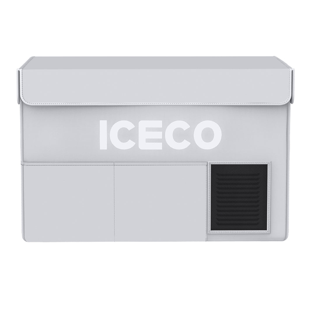 ICECO upgraded insulated protective cover on a VL60ProS portable fridge, gray