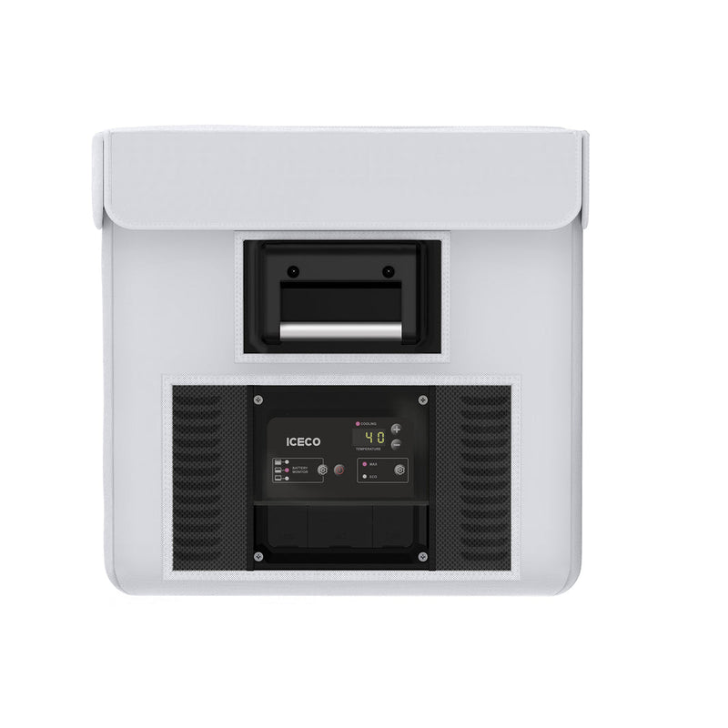 ICECO upgraded insulated protective cover on a VL60ProS portable fridge, gray