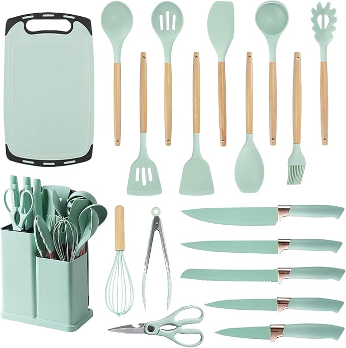 19-Piece Cooking Utensils Set Spatulas Knives Silicone Green