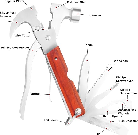 Multi-Purpose Outdoor Tools, 16-in-1 Camping Accessories, Hammers, Pliers, Bottle Openers