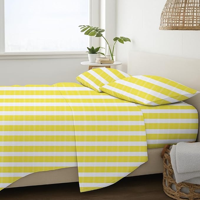 RV King Sheets 72 x 80, 100% Giza Egyptian Cotton Bed Sheets for Camper, 10-15" Deep Pockets, Soft Sateen Weave, Yellow Striped Print