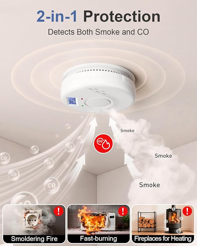 Smoke & CO Combo Detector Battery LCD Display 4-Pack