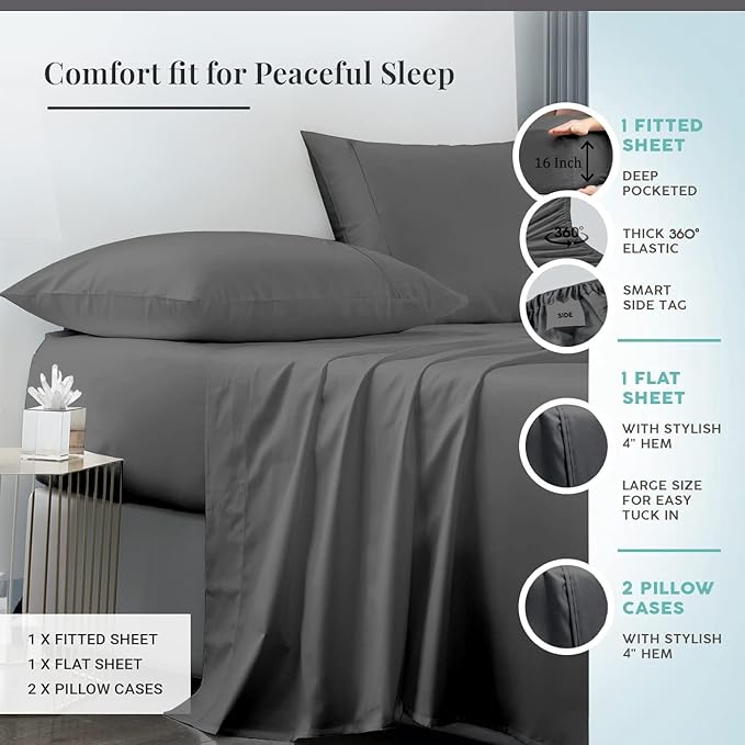 RV Short Queen Sheet Set 4-Piece 600TC 60x75 Dark Grey