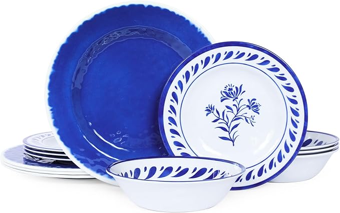 Melamine Dinnerware Set 12-Piece Lightweight Dishwasher Safe Blue