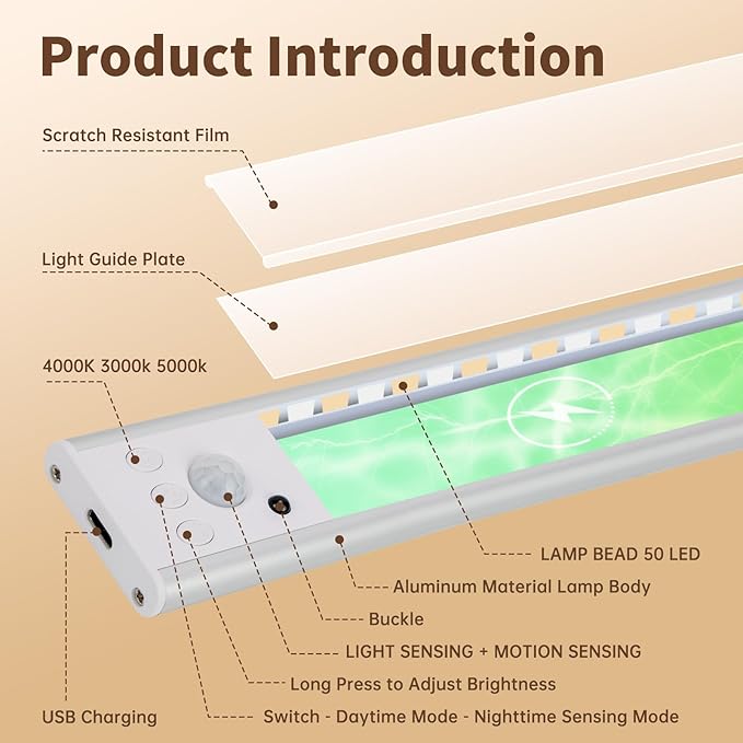 Rechargeable Portable RV Interior Lights 11.8in, Motion Sensor Light Indoor,50 LED ,Under Cabinet Lighting,3 Color Temps,50-150LM Dimmable USB Closet Lights,2200mAh,Non-magnetic attraction（2 Pack）