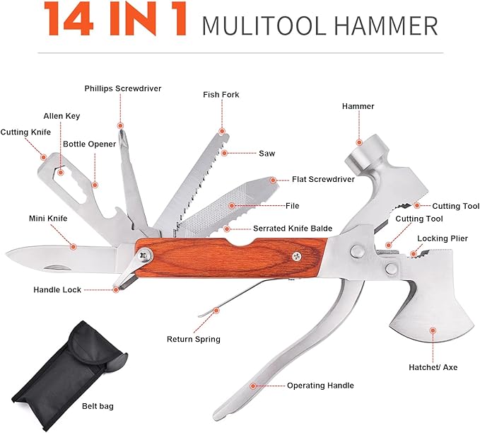14-in-1 Multitool Hammer Folding Wood Handle Camping