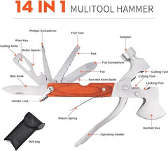 14-in-1 Multitool Hammer Folding Wood Handle Camping
