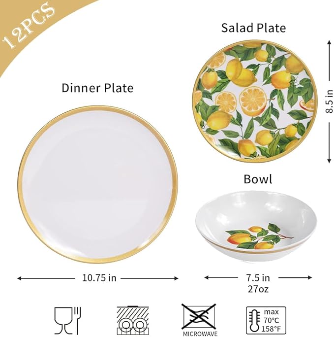 Lemon Melamine Dinnerware Set 12-Piece for 4