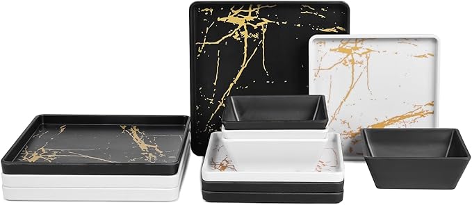 Square Melamine Dinnerware Set 12-Piece Black & White BPA Free