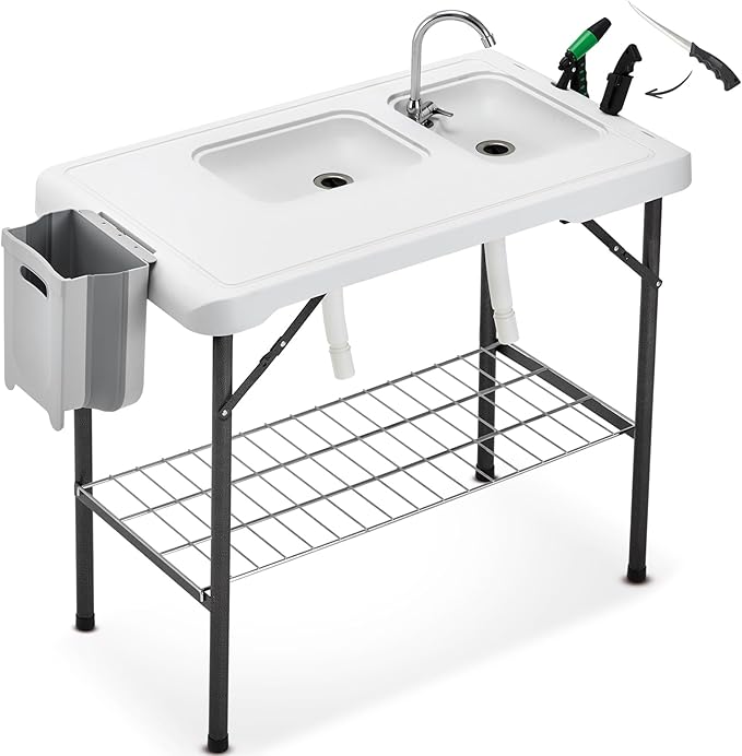 Portable fish cleaning table dual sinks sprayer - view 2