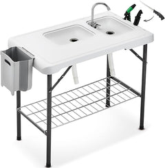Portable Fish Cleaning Table with Dual Sinks Faucet & Sprayer