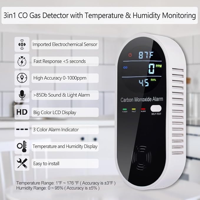3-in-1 Portable CO Detector with Temp & Humidity