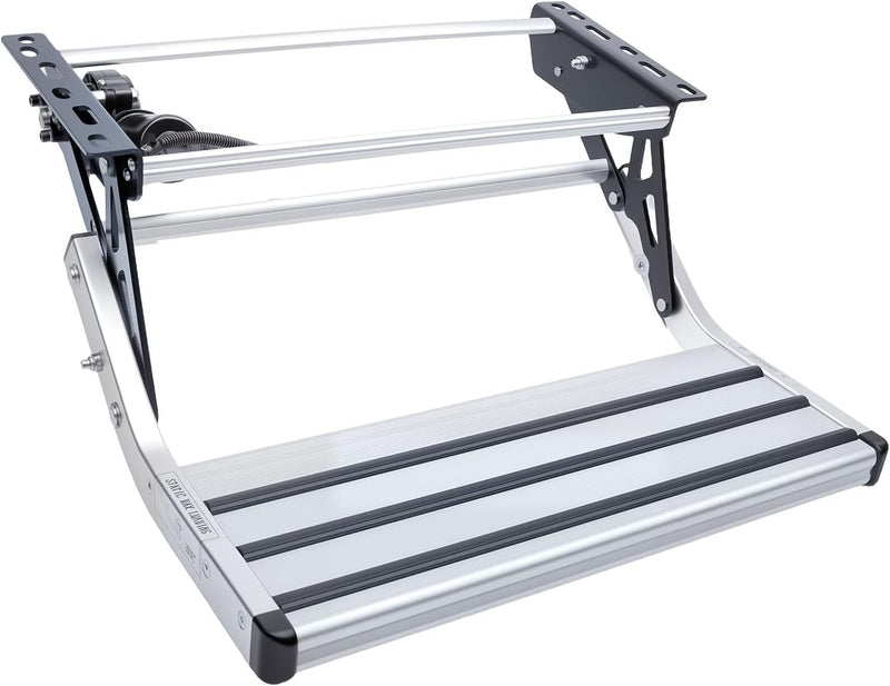 Electric retractable single RV step with LED light