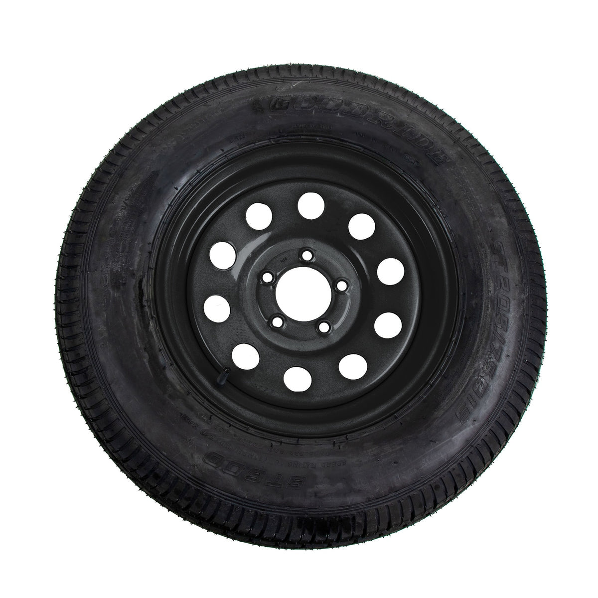 15 in radial trailer tire on black wheel